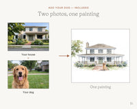 House portrait with the family dog painted in front — two photos, one painting