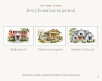 Watercolor portraits of colonial, bungalow and farmhouse homes
