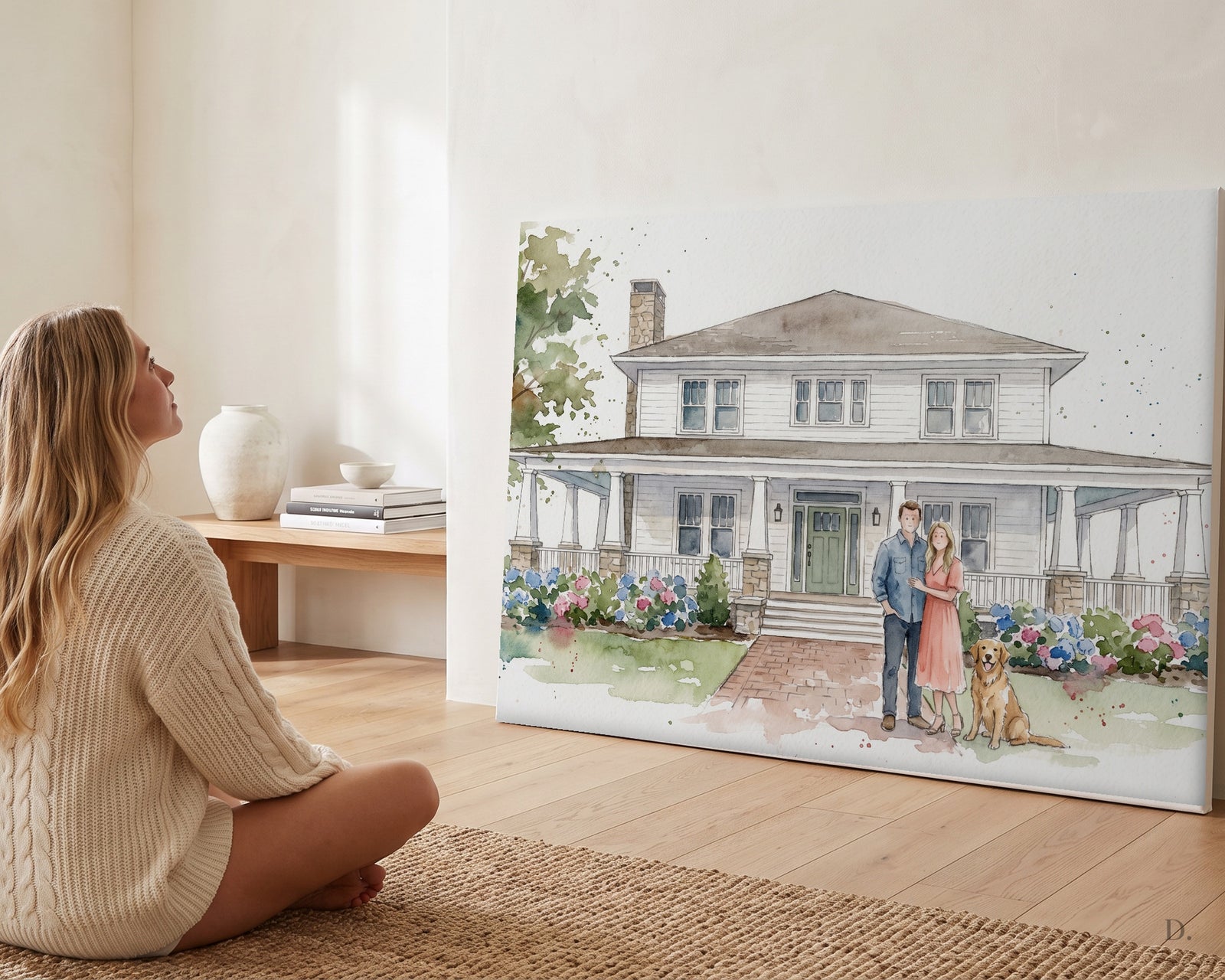 Woman admiring her custom watercolor house portrait with family and dog on a gallery canvas