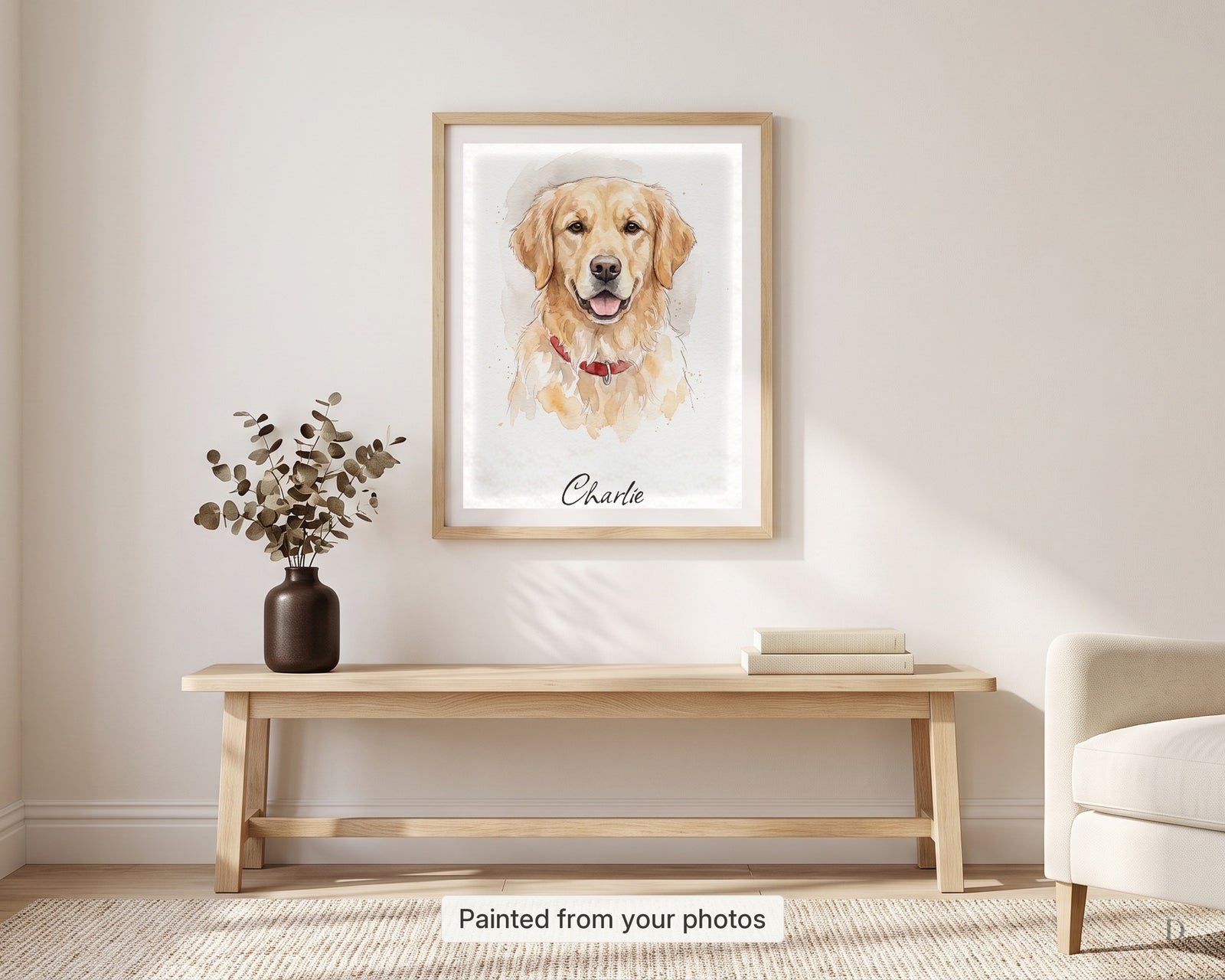 Custom watercolor pet portrait of a golden retriever in a natural wood frame above an entryway bench