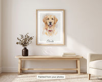 Custom watercolor pet portrait of a golden retriever in a natural wood frame above an entryway bench