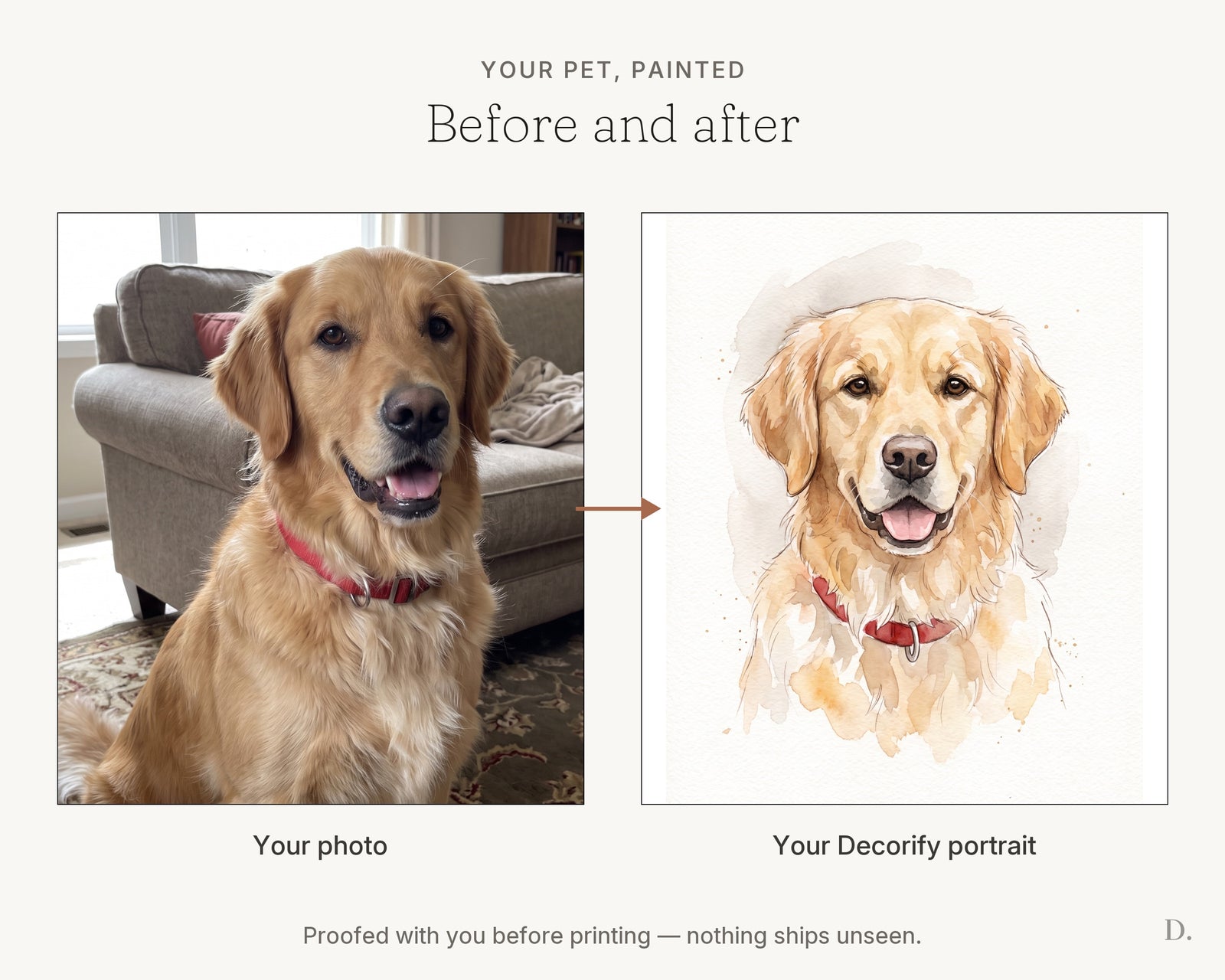 Before and after: a phone photo of a golden retriever beside the finished watercolor pet portrait