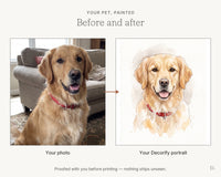 Before and after: a phone photo of a golden retriever beside the finished watercolor pet portrait