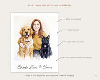 What is included free: multiple pets, people, a hand-lettered caption, and a proof before printing
