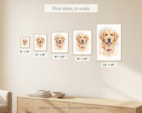Size guide showing five framed pet portrait sizes to scale on a wall