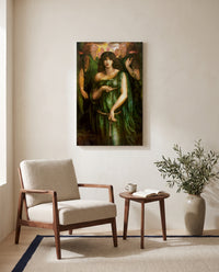 Astarte Syriaca by Dante Gabriel Rossetti as a stretched canvas above a linen lounge chair in a reading corner