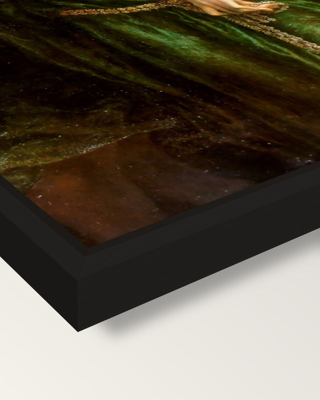 Astarte Syriaca by Rossetti framed canvas, corner close-up: a black floating frame with a shadow gap round the canvas