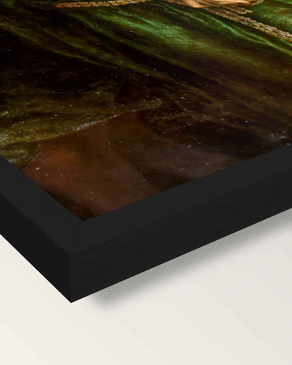 Astarte Syriaca by Rossetti framed print, corner close-up: black moulding, mitred, the print set just below its edge