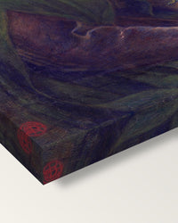 Beata Beatrix by Dante Gabriel Rossetti on stretched canvas, corner close-up: the painting mirror-wrapped round the sides
