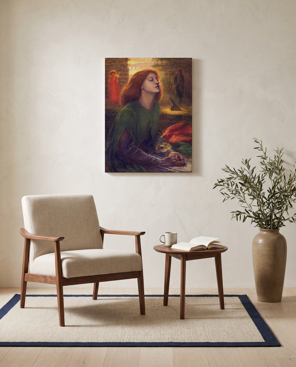 Beata Beatrix by Dante Gabriel Rossetti as a stretched canvas above a linen lounge chair in a reading corner