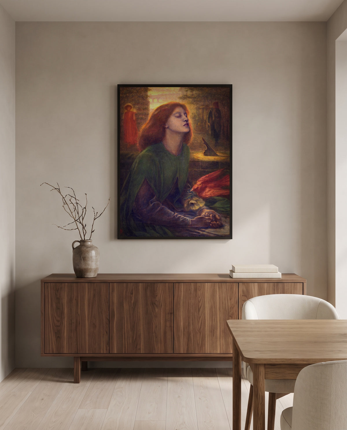 Beata Beatrix by Dante Gabriel Rossetti in a black frame above a walnut sideboard in a dining room