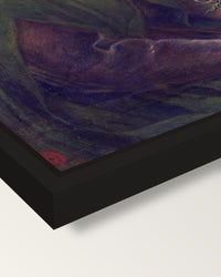 Beata Beatrix by Rossetti framed canvas, corner close-up: a black floating frame with a shadow gap round the canvas