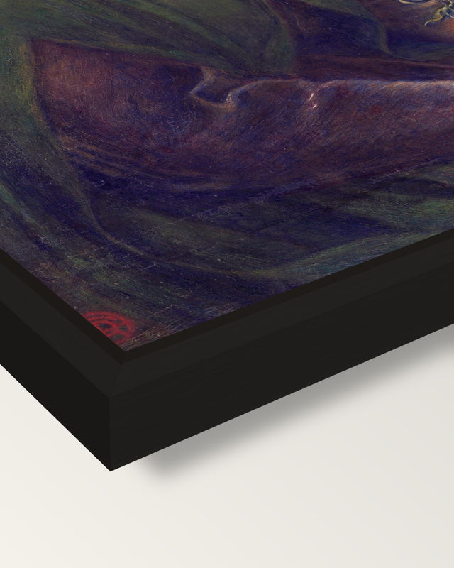 Beata Beatrix by Rossetti framed canvas, corner close-up: a black floating frame with a shadow gap round the canvas