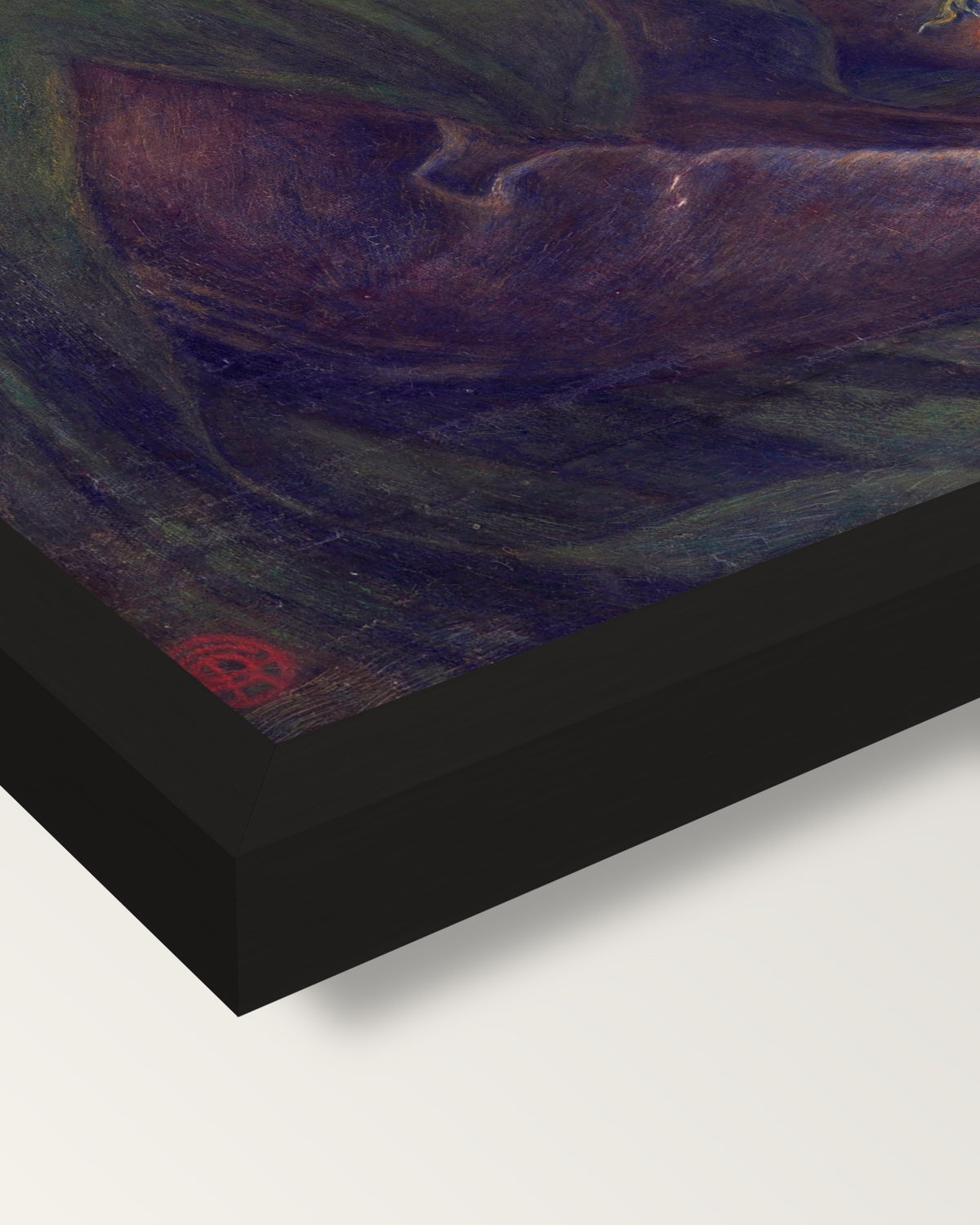 Beata Beatrix by Rossetti framed print, corner close-up: black moulding, mitred, the print set just below its edge