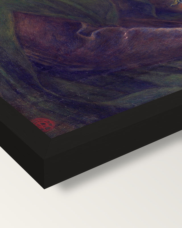 Beata Beatrix by Rossetti framed print, corner close-up: black moulding, mitred, the print set just below its edge