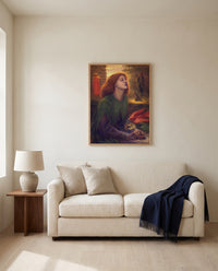 Beata Beatrix by Dante Gabriel Rossetti framed in natural oak above a cream sofa in a warm living room
