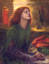 Beata Beatrix by Rossetti: a red-haired woman in green with closed eyes, a red bird bringing a white poppy to her hands