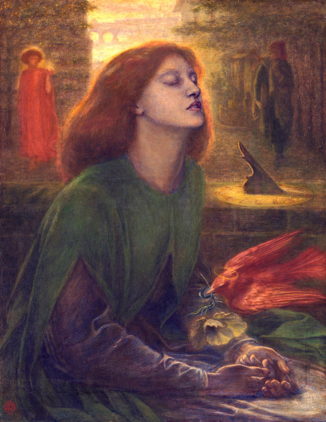 Beata Beatrix by Rossetti: a red-haired woman in green with closed eyes, a red bird bringing a white poppy to her hands