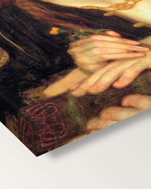 Bocca Baciata by Dante Gabriel Rossetti on stretched canvas, corner close-up: the painting mirror-wrapped round the sides