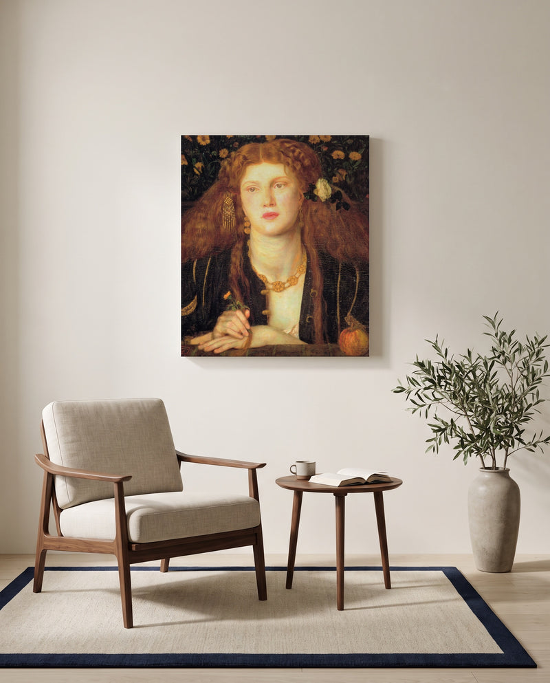 Bocca Baciata by Dante Gabriel Rossetti as a stretched canvas above a linen lounge chair in a reading corner