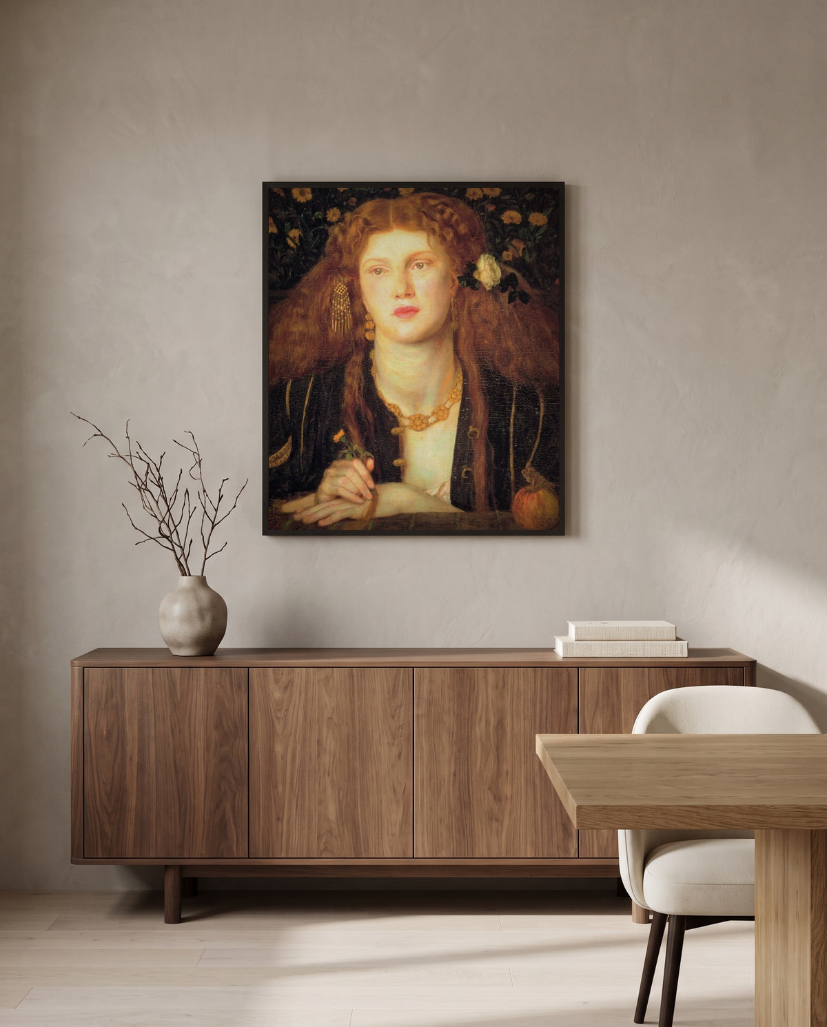 Bocca Baciata by Dante Gabriel Rossetti in a black frame above a walnut sideboard in a dining room