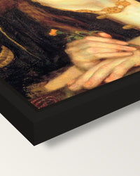 Bocca Baciata by Rossetti framed canvas, corner close-up: a black floating frame with a shadow gap round the canvas