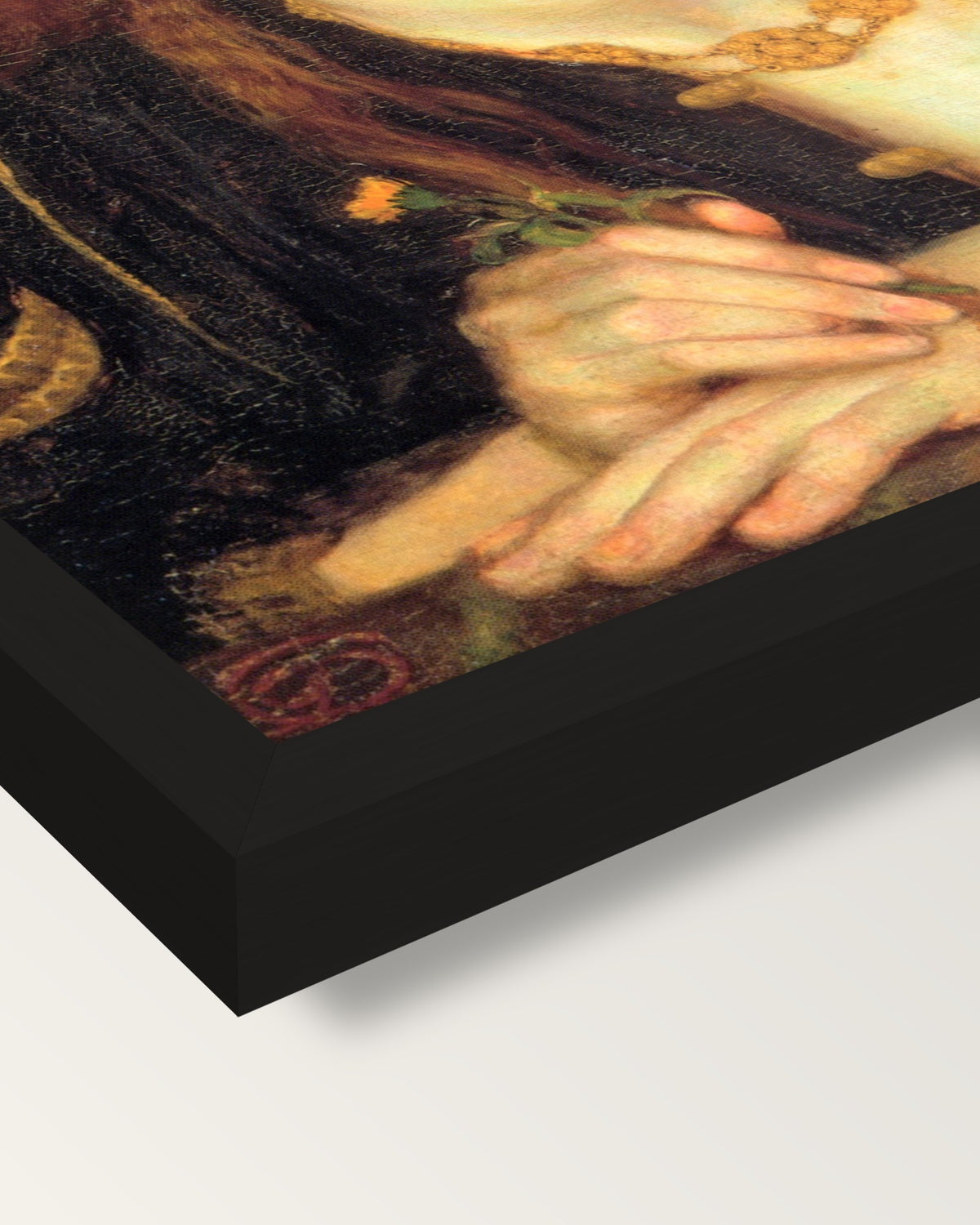 Bocca Baciata by Rossetti framed print, corner close-up: black moulding, mitred, the print set just below its edge