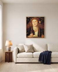 Bocca Baciata by Dante Gabriel Rossetti framed in natural oak above a cream sofa in a warm living room