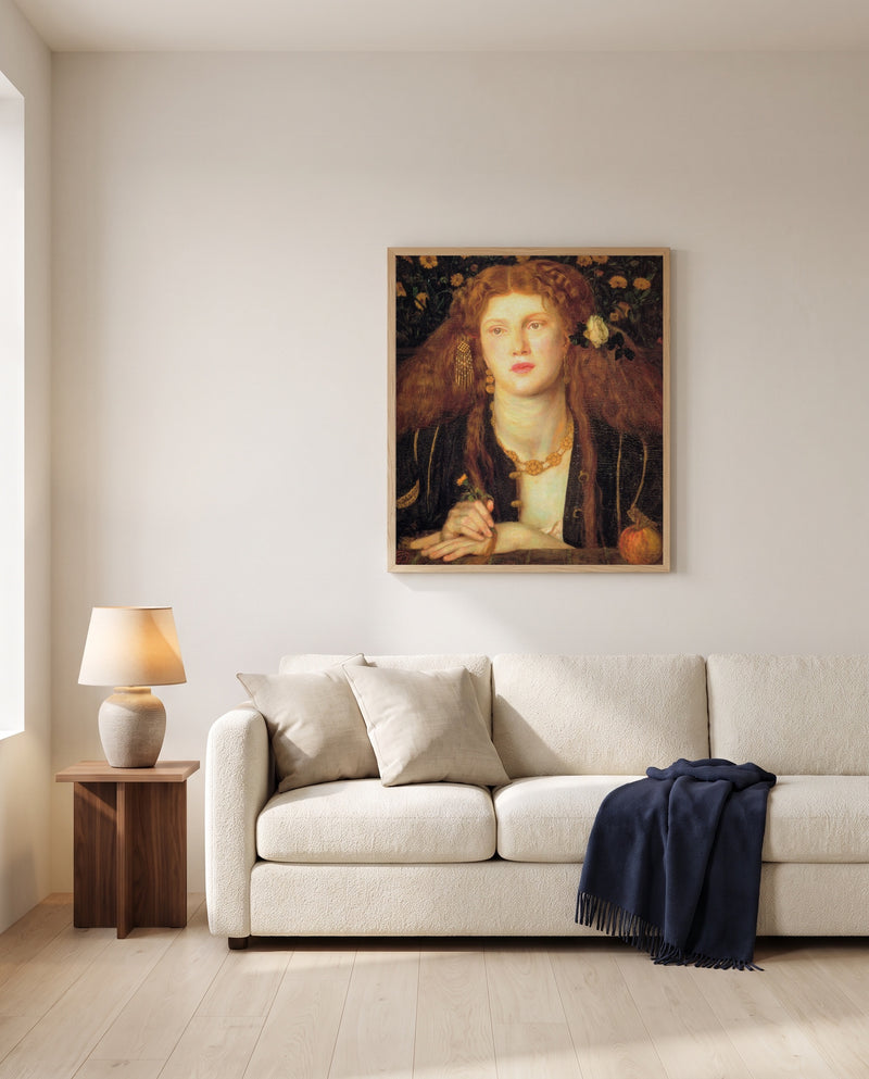 Bocca Baciata by Dante Gabriel Rossetti framed in natural oak above a cream sofa in a warm living room