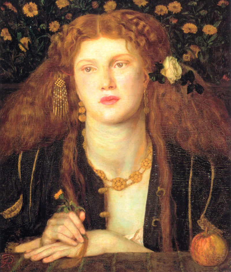 Bocca Baciata by Rossetti: a woman with long golden-red hair and a rose behind her ear leans on a ledge, marigolds behind