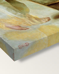 Ecce Ancilla Domini! by Rossetti on stretched canvas, corner close-up: the painting mirror-wrapped round the sides