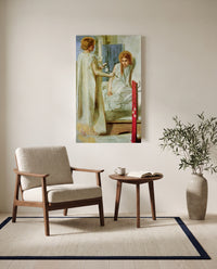 Ecce Ancilla Domini! by Dante Gabriel Rossetti as a stretched canvas above a linen lounge chair in a reading corner