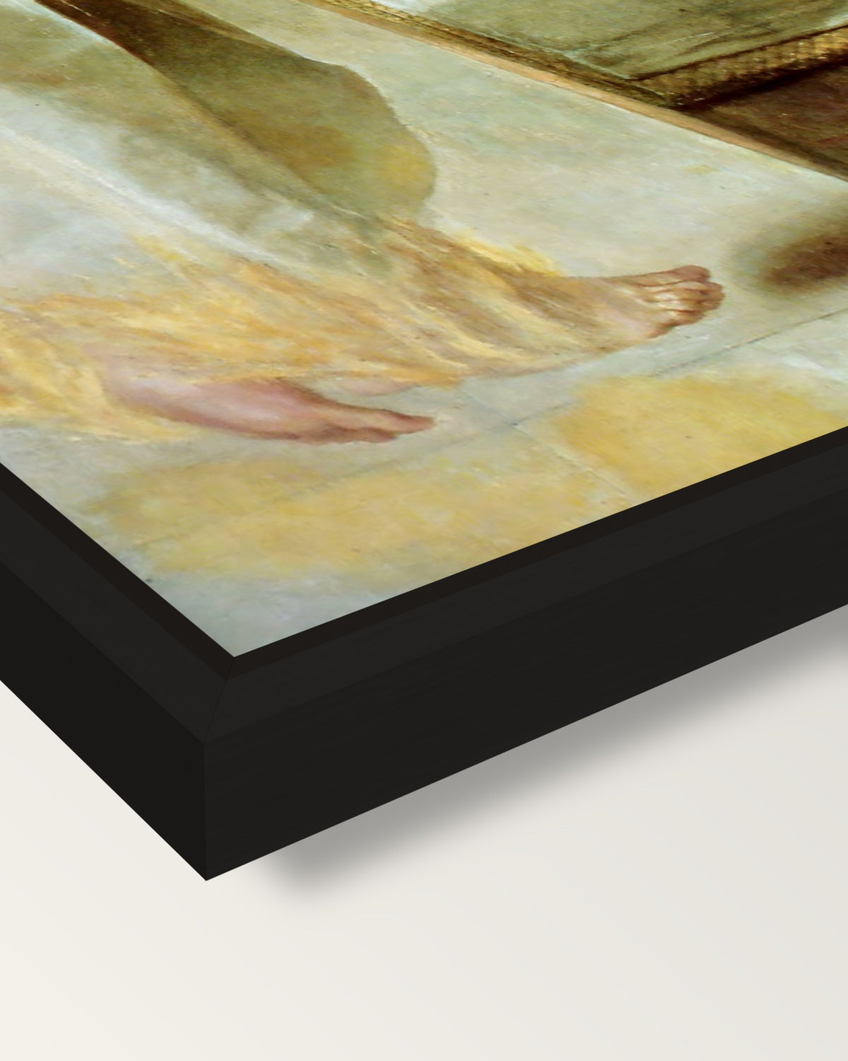 Ecce Ancilla Domini! by Rossetti framed canvas, corner close-up: a black floating frame with a shadow gap round the canvas