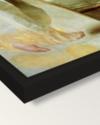 Ecce Ancilla Domini! by Rossetti framed canvas, corner close-up: a black floating frame with a shadow gap round the canvas