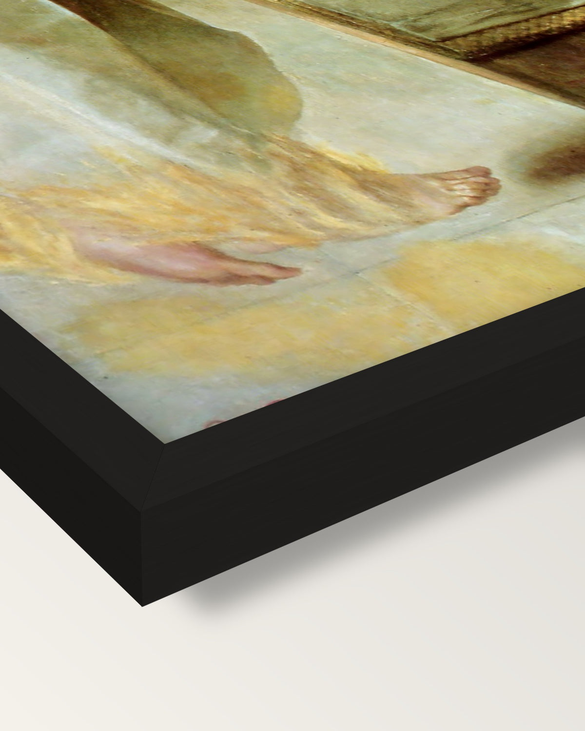 Ecce Ancilla Domini! by Rossetti framed print, corner close-up: black moulding, mitred, the print set just below its edge