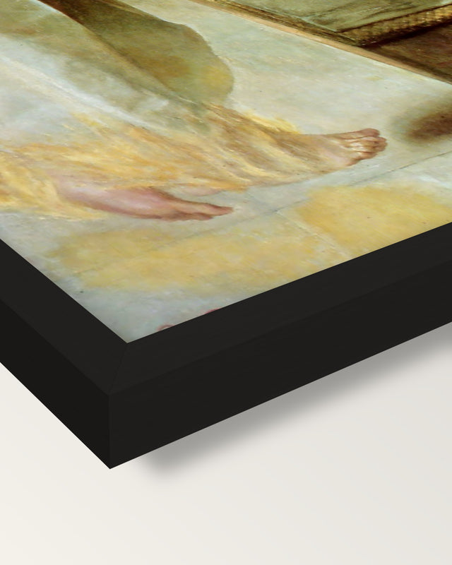 Ecce Ancilla Domini! by Rossetti framed print, corner close-up: black moulding, mitred, the print set just below its edge