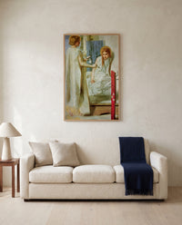 Ecce Ancilla Domini! by Dante Gabriel Rossetti framed in natural oak above a cream sofa in a warm living room