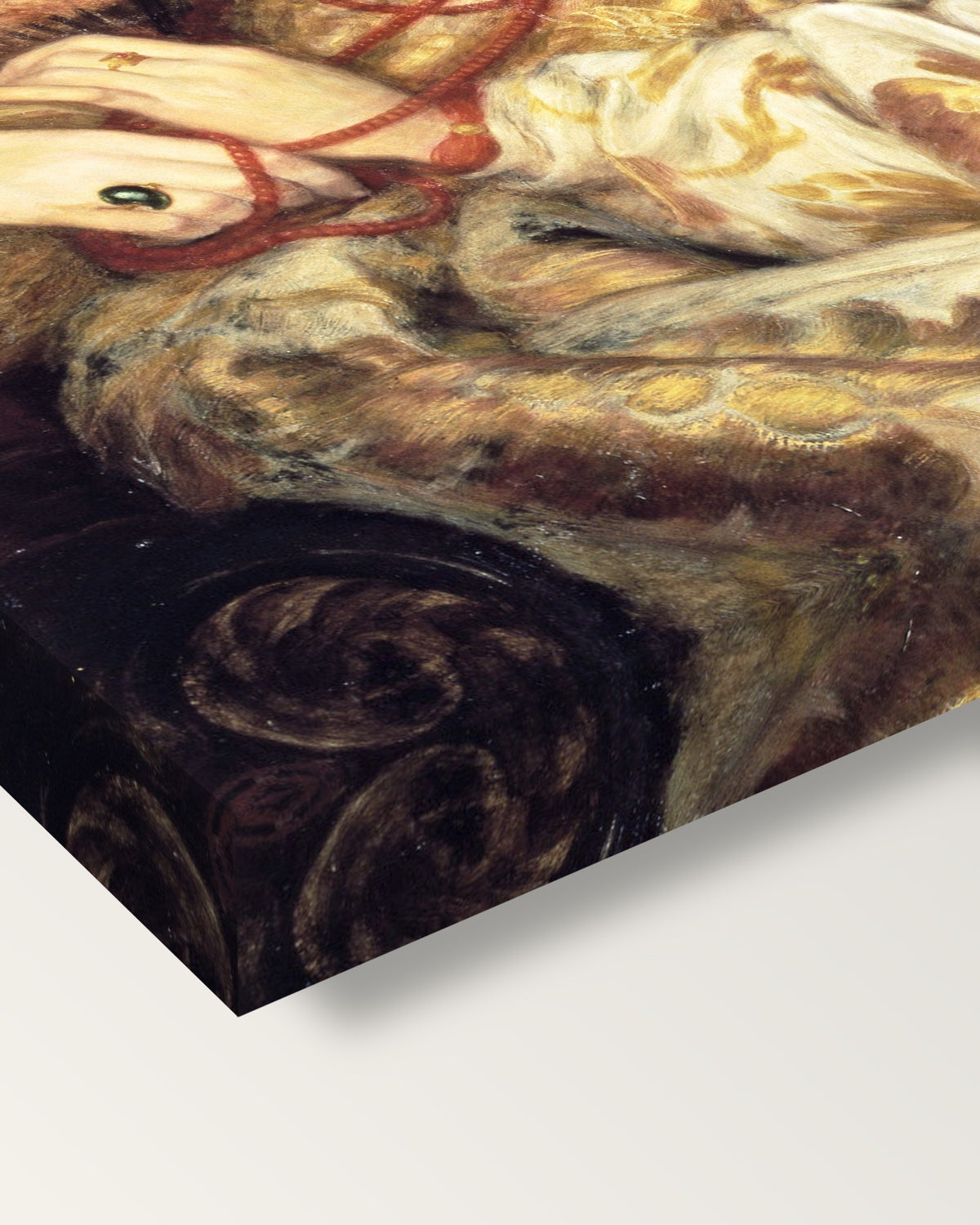 Monna Vanna by Dante Gabriel Rossetti on stretched canvas, corner close-up: the painting mirror-wrapped round the sides