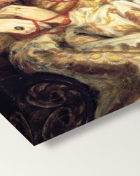 Monna Vanna by Dante Gabriel Rossetti on stretched canvas, corner close-up: the painting mirror-wrapped round the sides