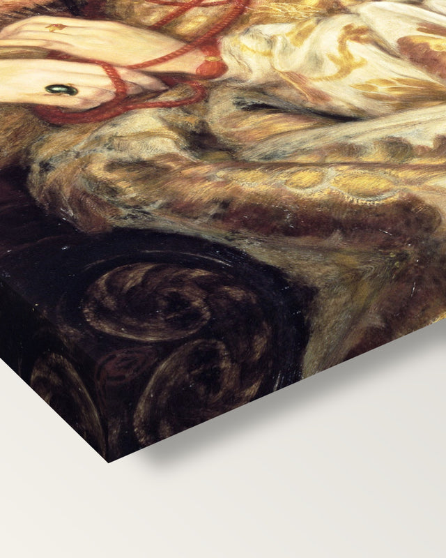 Monna Vanna by Dante Gabriel Rossetti on stretched canvas, corner close-up: the painting mirror-wrapped round the sides