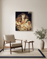 Monna Vanna by Dante Gabriel Rossetti as a stretched canvas above a linen lounge chair in a reading corner