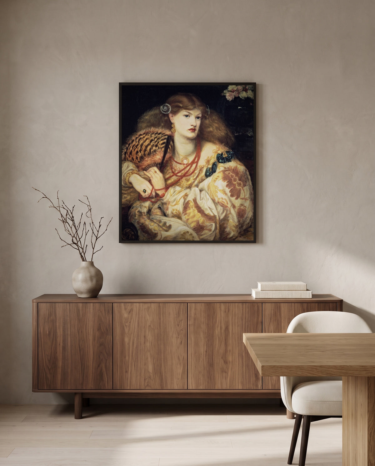 Monna Vanna by Dante Gabriel Rossetti in a black frame above a walnut sideboard in a dining room