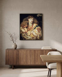 Monna Vanna by Dante Gabriel Rossetti in a black frame above a walnut sideboard in a dining room