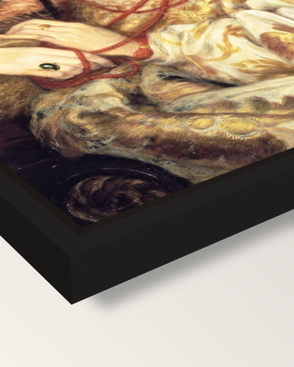 Monna Vanna by Rossetti framed canvas, corner close-up: a black floating frame with a shadow gap round the canvas