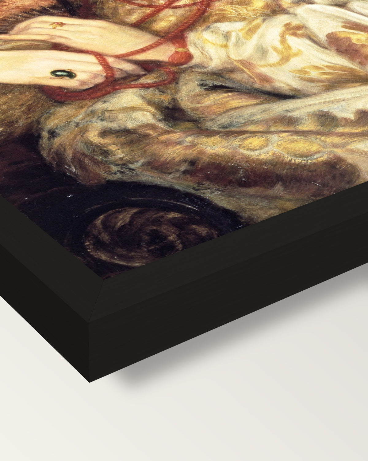 Monna Vanna by Rossetti framed print, corner close-up: black moulding, mitred, the print set just below its edge