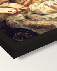 Monna Vanna by Rossetti framed print, corner close-up: black moulding, mitred, the print set just below its edge