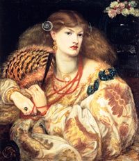 Monna Vanna by Rossetti: a red-haired woman in a white and gold brocade gown holds a feather fan, red coral beads