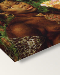 The Beloved by Dante Gabriel Rossetti on stretched canvas, corner close-up: the painting mirror-wrapped round the sides