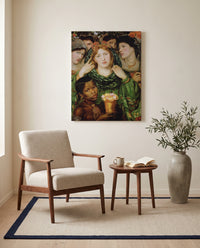 The Beloved by Dante Gabriel Rossetti as a stretched canvas above a linen lounge chair in a reading corner