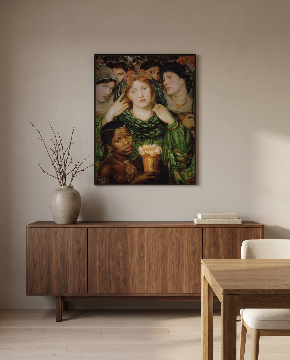 The Beloved by Dante Gabriel Rossetti in a black frame above a walnut sideboard in a dining room